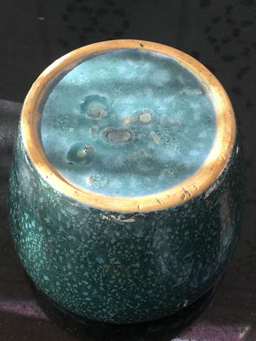 Antique Amber Glass Frog in Speckled Green & Blue Vase. Made in England Patent no 7830/1910