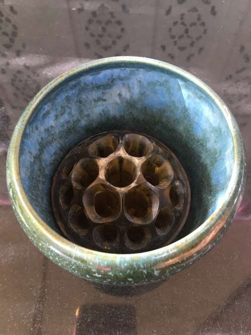 Antique Amber Glass Frog in Speckled Green & Blue Vase. Made in England Patent no 7830/1910