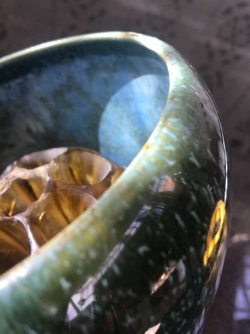 Antique Amber Glass Frog in Speckled Green & Blue Vase. Made in England Patent no 7830/1910