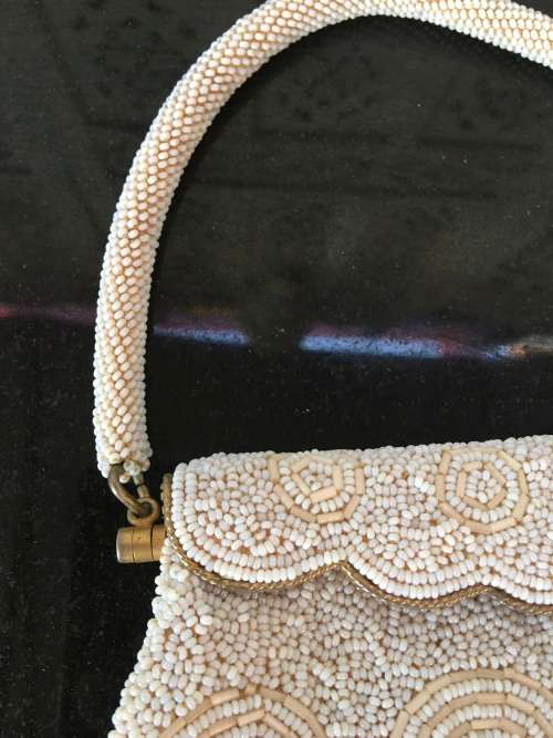 2 Vintage bags, Beaded Brass Spring Catch Close Bag with beaded strap & Silver material bag.