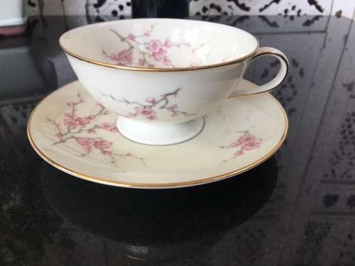 Rare Hutschenreuther Selb Bavaria Germany, Large Cherry Blossom & Gold Gilt Hand Painted Tea Duo