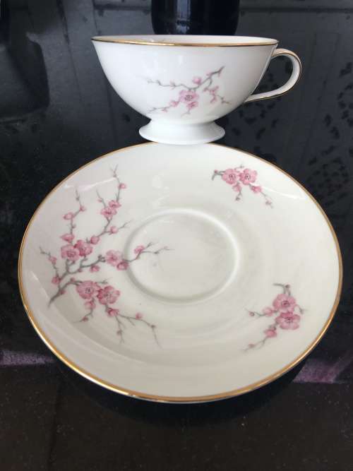 Rare Hutschenreuther Selb Bavaria Germany, Large Cherry Blossom & Gold Gilt Hand Painted Tea Duo