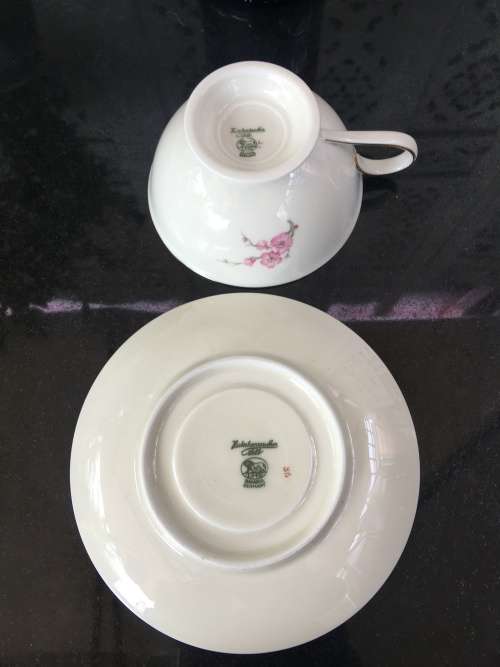 Rare Hutschenreuther Selb Bavaria Germany, Large Cherry Blossom & Gold Gilt Hand Painted Tea Duo