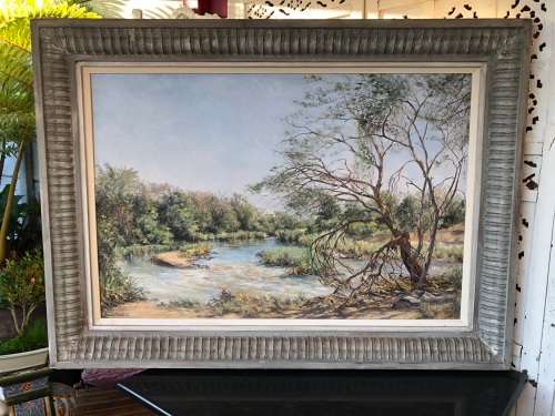 RARE !!! MICHAEL CROESÉR (SA 1919 - ) HUGE FRAMED OIL ON BOARD TITLED "DOWN BY THE RIVER" DATED 1969