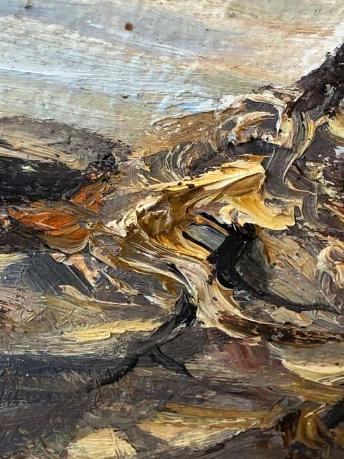 RARE !!! MICHAEL CROESÉR (SA 1919 - ) HUGE FRAMED OIL ON BOARD TITLED "DOWN BY THE RIVER" DATED 1969