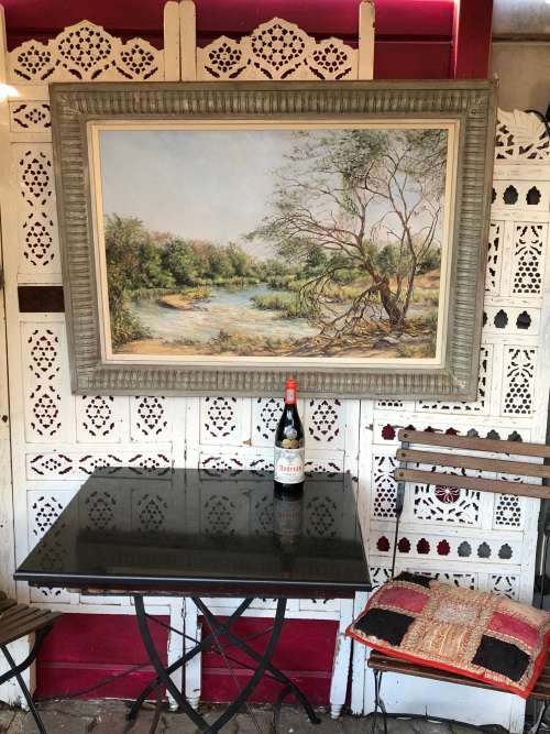 RARE !!! MICHAEL CROESÉR (SA 1919 - ) HUGE FRAMED OIL ON BOARD TITLED "DOWN BY THE RIVER" DATED 1969