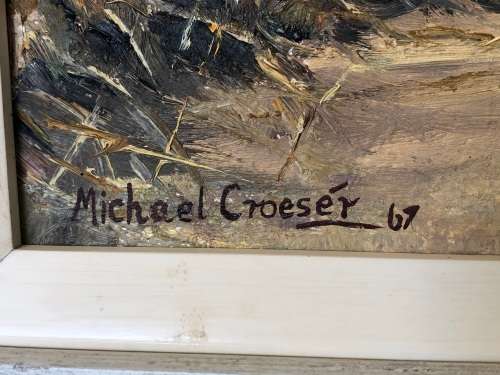 RARE !!! MICHAEL CROESÉR (SA 1919 - ) HUGE FRAMED OIL ON BOARD TITLED "DOWN BY THE RIVER" DATED 1969
