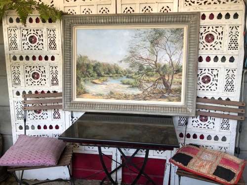 RARE !!! MICHAEL CROESÉR (SA 1919 - ) HUGE FRAMED OIL ON BOARD TITLED "DOWN BY THE RIVER" DATED 1969