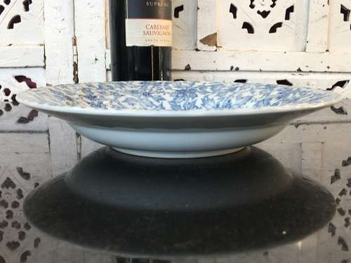 Antique Blue & White Floral Painted Large Porcelain Flat Bowl 21 cm