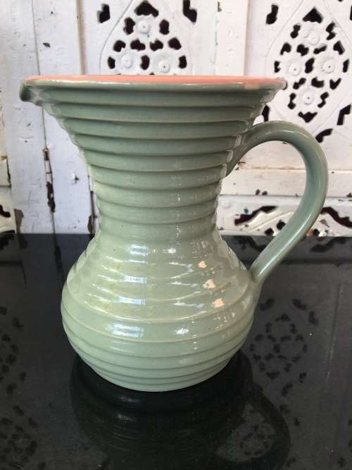 Stoneware Lovatts England Art Deco c1920-1950 Pink & Green Ribbed Water Jug 1lt