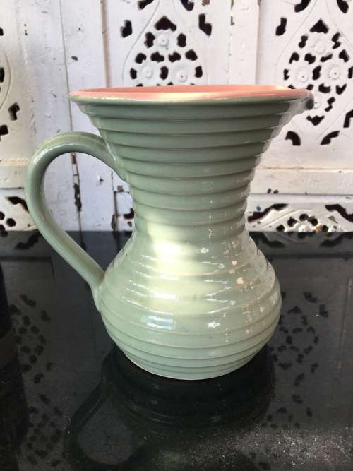 Stoneware Lovatts England Art Deco c1920-1950 Pink & Green Ribbed Water Jug 1lt
