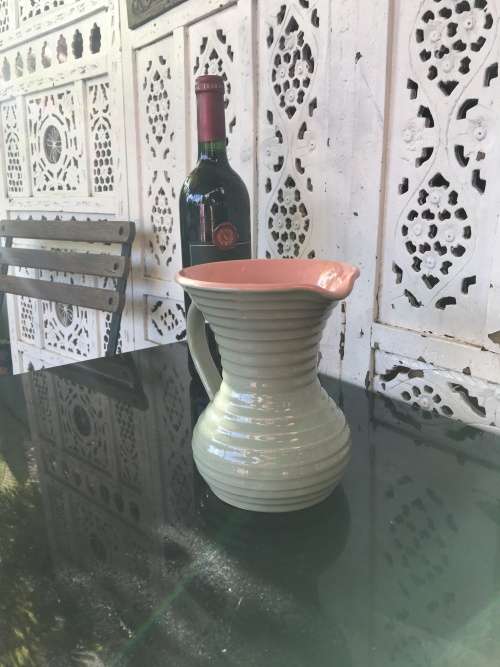 Stoneware Lovatts England Art Deco c1920-1950 Pink & Green Ribbed Water Jug 1lt