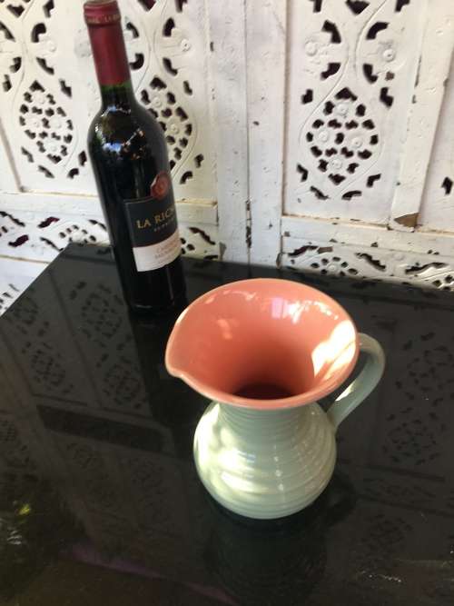 Stoneware Lovatts England Art Deco c1920-1950 Pink & Green Ribbed Water Jug 1lt