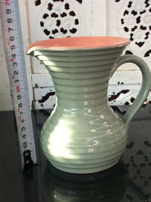 Stoneware Lovatts England Art Deco c1920-1950 Pink & Green Ribbed Water Jug 1lt