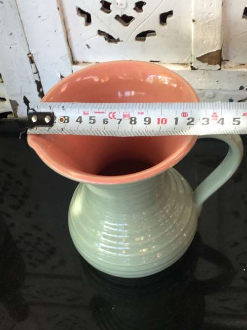 Stoneware Lovatts England Art Deco c1920-1950 Pink & Green Ribbed Water Jug 1lt