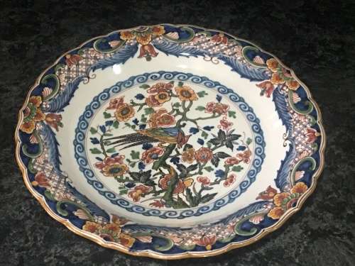 Large Vintage Makkum Dutch Pottery Hand Painted Bird & Floral Charger