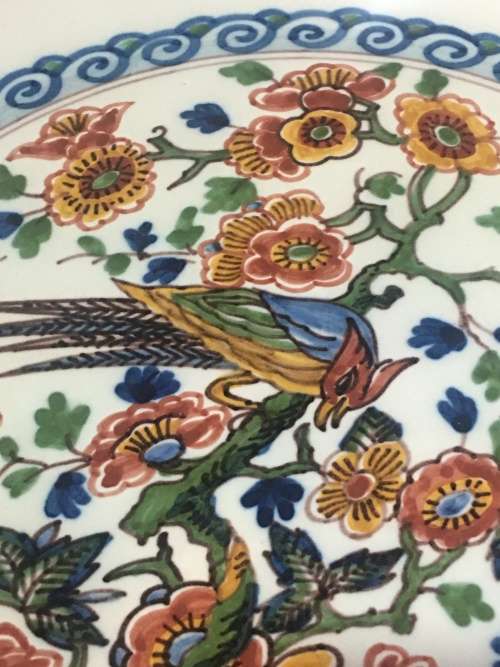 Large Vintage Makkum Dutch Pottery Hand Painted Bird & Floral Charger