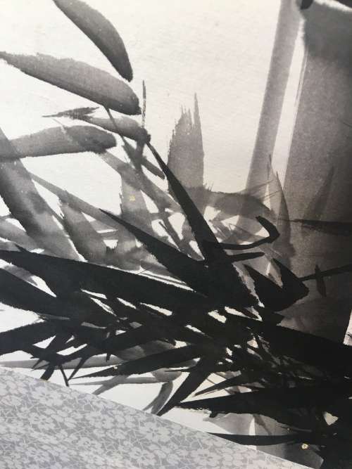 Sighned Chinese Traditional Hand Painting on Silk Scroll, Black Ebonised Ends