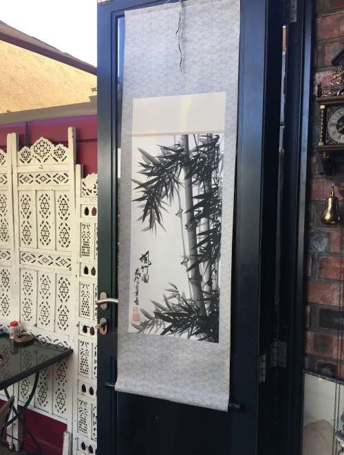 Sighned Chinese Traditional Hand Painting on Silk Scroll, Black Ebonised Ends