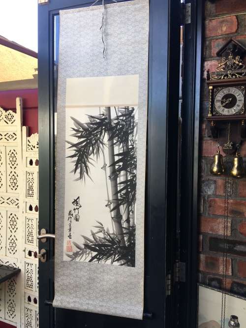 Sighned Chinese Traditional Hand Painting on Silk Scroll, Black Ebonised Ends