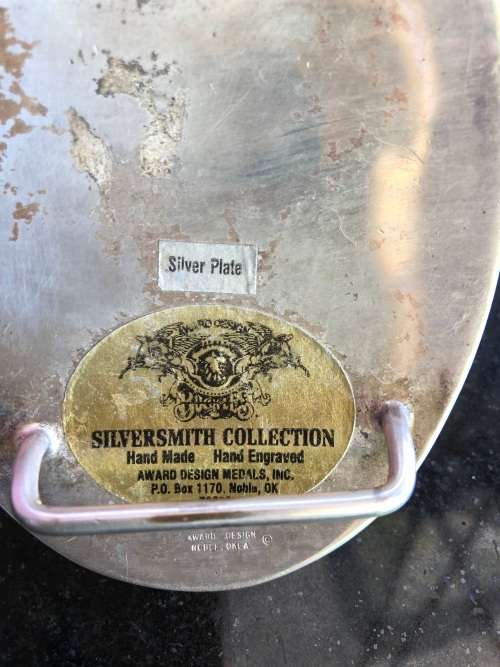 BEAUTIFUL LARGE SILVERPLATED AND BRASS HAND MADE AND ENGRAVED WESTERN BELT BUCKLE