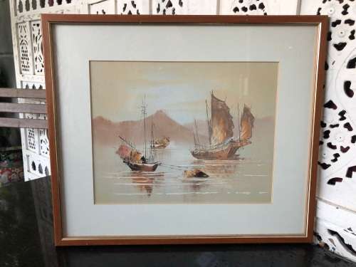 AMAZING FRAMED OIL PAINTING OF HONG KONG JUNK SHIPS - WELL FRAMED BUT UNSIGNED