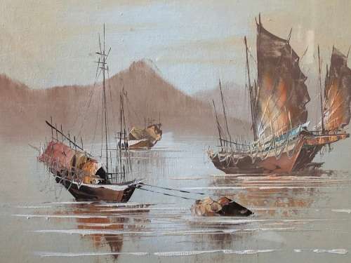 AMAZING FRAMED OIL PAINTING OF HONG KONG JUNK SHIPS - WELL FRAMED BUT UNSIGNED