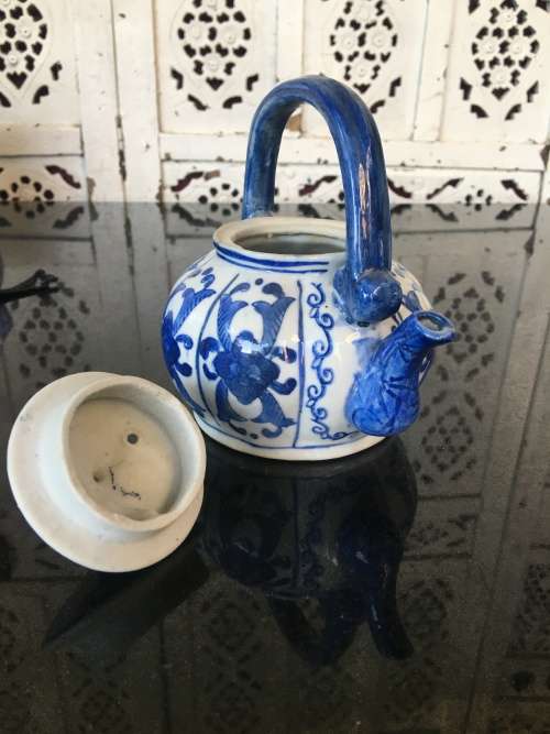 Signed Chinese Blue & White Hand Painted Smal 1 cup Tea Pot