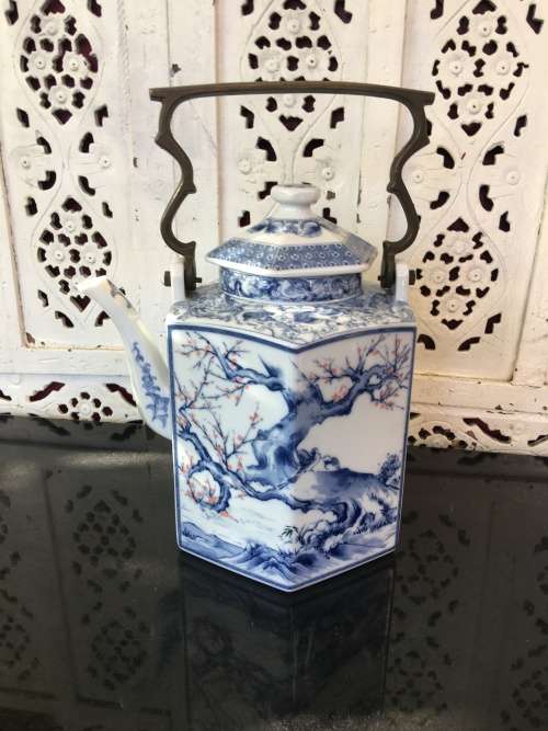Extra Large Oriental Blue & White Hand Painted Brass Handle Tea Pot