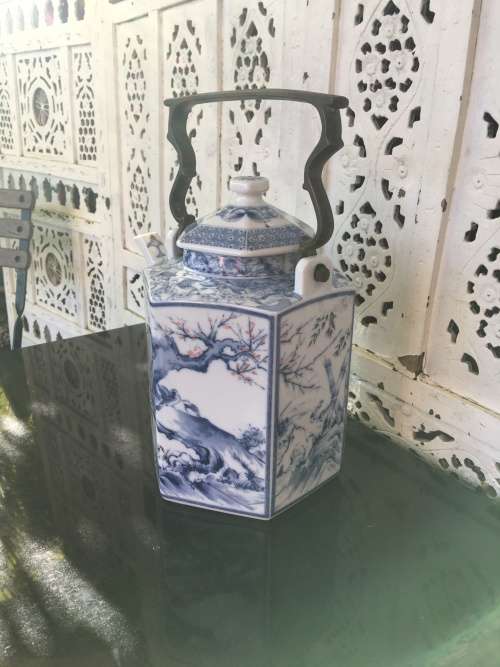 Extra Large Oriental Blue & White Hand Painted Brass Handle Tea Pot