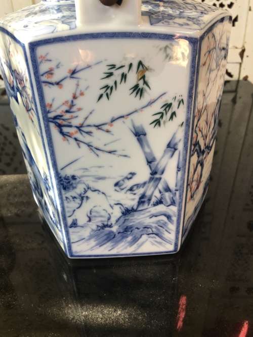 Extra Large Oriental Blue & White Hand Painted Brass Handle Tea Pot