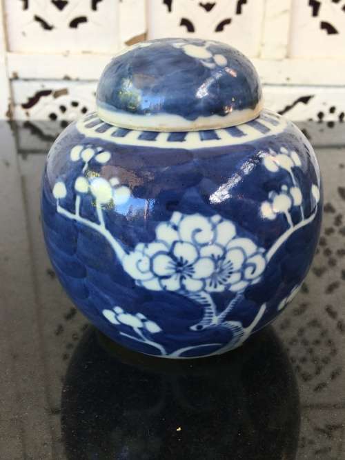 A Chinese Prunus Hand Painted Under Glaze Kangxi Double Blue Ring Mark Lidded Ginger Jar