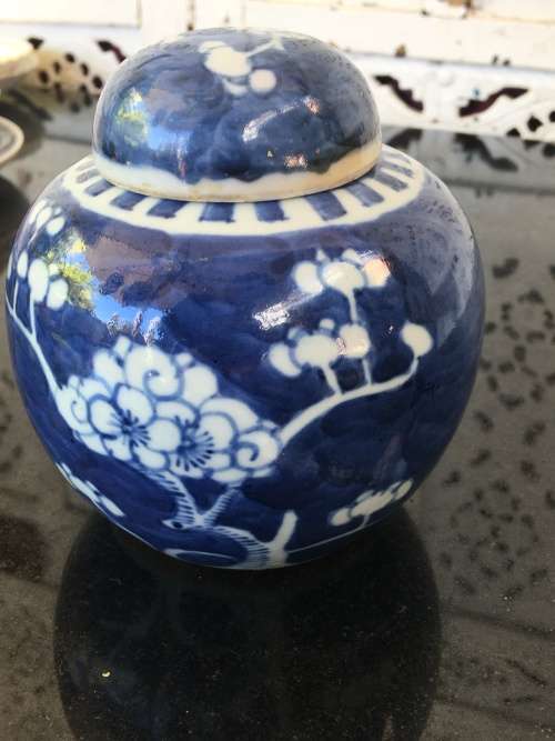 A Chinese Prunus Hand Painted Under Glaze Kangxi Double Blue Ring Mark Lidded Ginger Jar