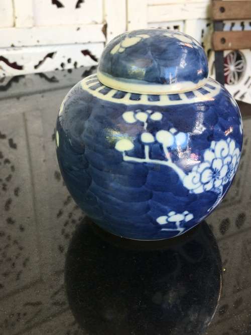 A Chinese Prunus Hand Painted Under Glaze Kangxi Double Blue Ring Mark Lidded Ginger Jar