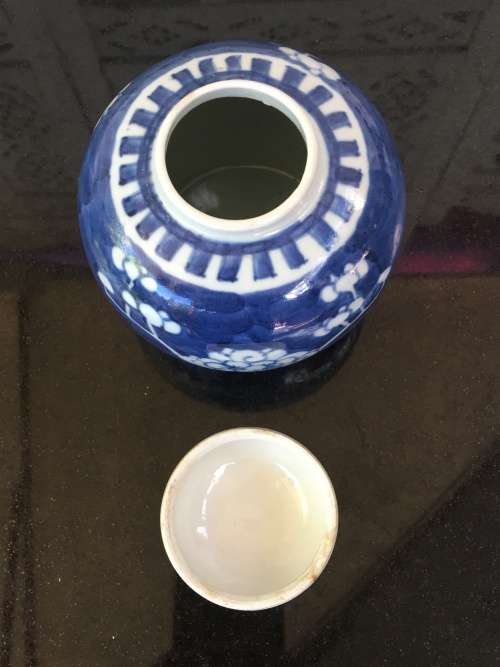 A Chinese Prunus Hand Painted Under Glaze Kangxi Double Blue Ring Mark Lidded Ginger Jar