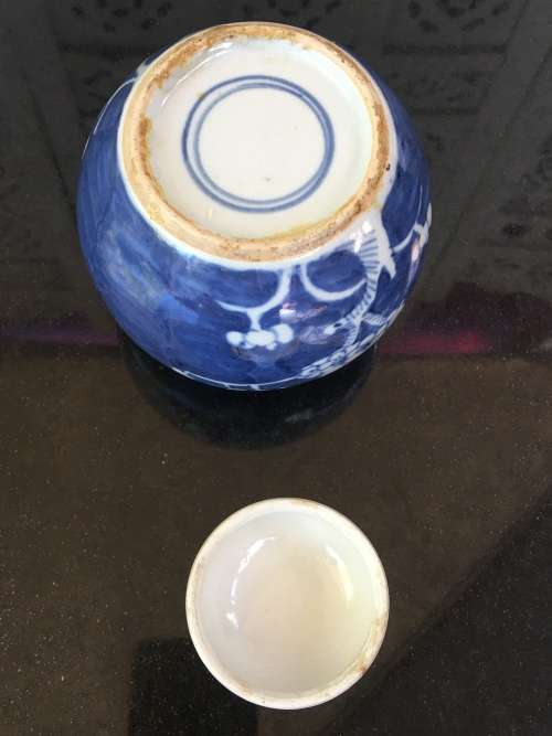 A Chinese Prunus Hand Painted Under Glaze Kangxi Double Blue Ring Mark Lidded Ginger Jar