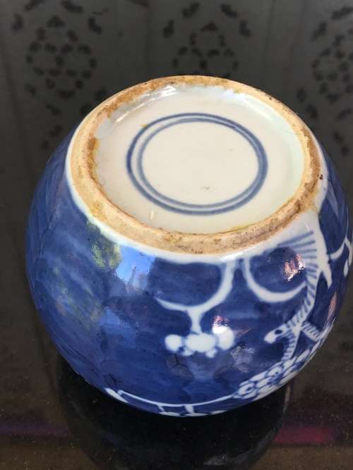 A Chinese Prunus Hand Painted Under Glaze Kangxi Double Blue Ring Mark Lidded Ginger Jar