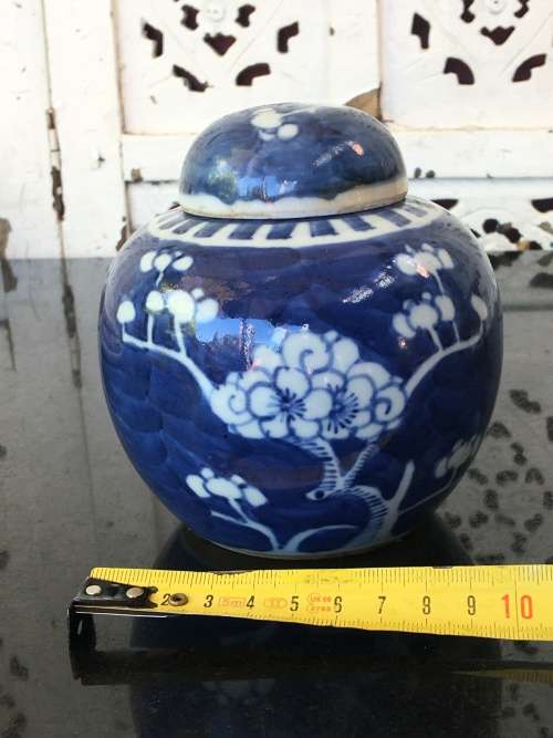 A Chinese Prunus Hand Painted Under Glaze Kangxi Double Blue Ring Mark Lidded Ginger Jar