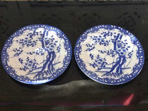 2 Old Japanese Blue Hand Painted Cherry Blossom Porcelain 18.5 cm Plates