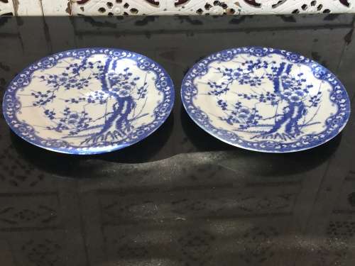 2 Old Japanese Blue Hand Painted Cherry Blossom Porcelain 18.5 cm Plates