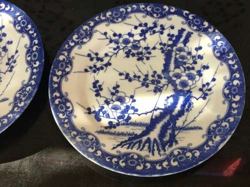 2 Old Japanese Blue Hand Painted Cherry Blossom Porcelain 18.5 cm Plates