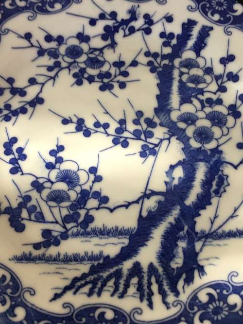 2 Old Japanese Blue Hand Painted Cherry Blossom Porcelain 18.5 cm Plates
