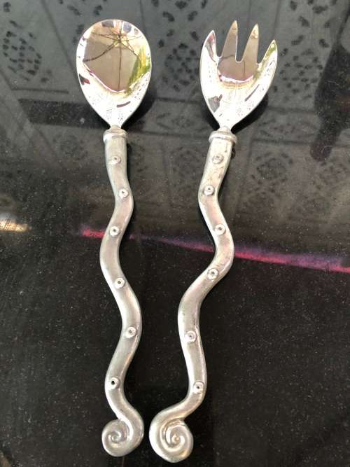 WOW !!! VINTAGE CARROL BOYES PEWTER SALAD SERVERS - SPOTTED WAVE PATTERN - CLEARLY MARKED