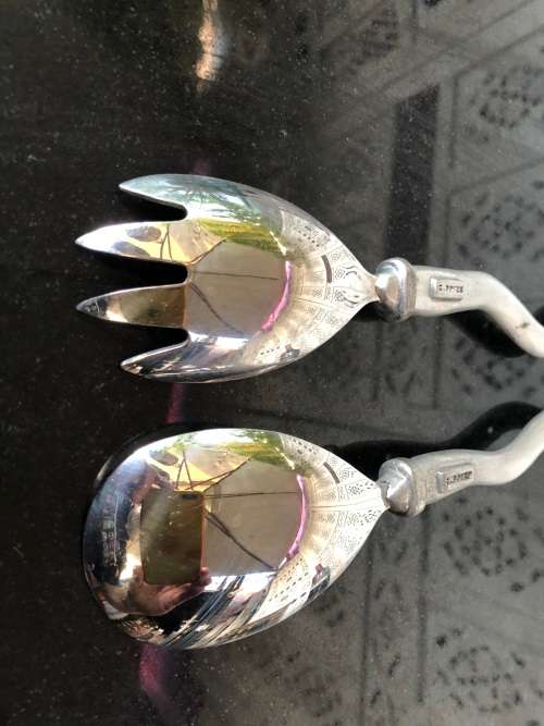 WOW !!! VINTAGE CARROL BOYES PEWTER SALAD SERVERS - SPOTTED WAVE PATTERN - CLEARLY MARKED