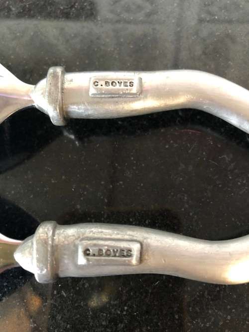 WOW !!! VINTAGE CARROL BOYES PEWTER SALAD SERVERS - SPOTTED WAVE PATTERN - CLEARLY MARKED