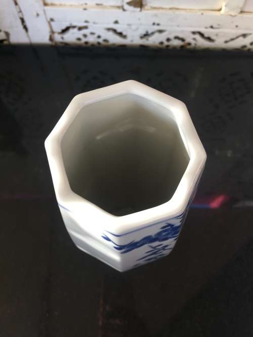 Japanese Juzan Gama Family Kiln,Nagasaki, Japan c1970-1990, Blue Cherry Blossom Octagonal Vase