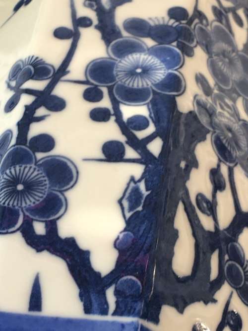 Japanese Juzan Gama Family Kiln,Nagasaki, Japan c1970-1990, Blue Cherry Blossom Octagonal Vase
