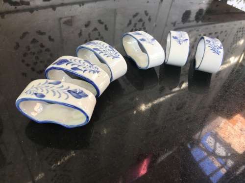 Blue & White Painted Porcelain Napkin Ring Holders