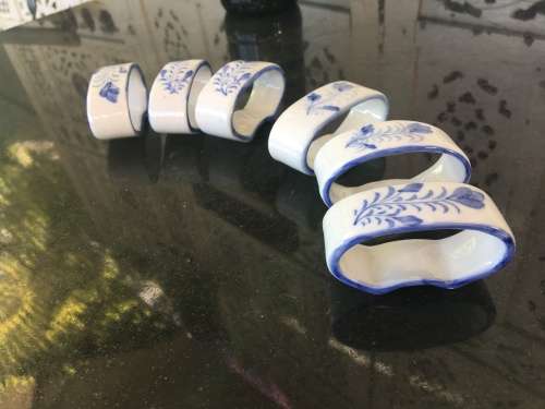 Blue & White Painted Porcelain Napkin Ring Holders