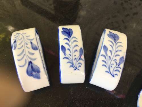 Blue & White Painted Porcelain Napkin Ring Holders